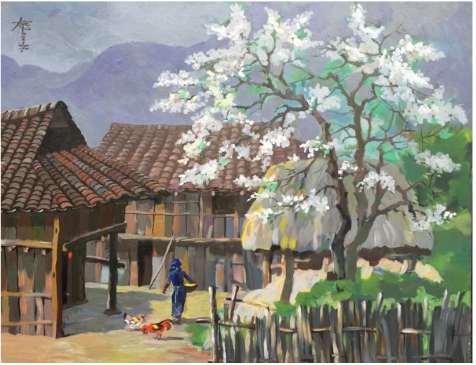 Ảnh chụp lại tác phẩm 'Hoa lê tháng Giêng', tranh sơn dầu của Nguyễn Lộc 2.