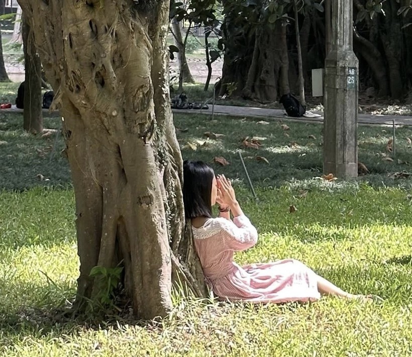 Thực hành tiếp đất chân trần, chạm và ôm cây tại vườn Bách Thảo Hà Nội. Ảnh: HM