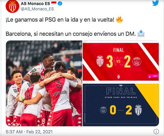 Liên tiếp hạ PSG, Monaco chế nhạo Barca trên mạng xã hội.