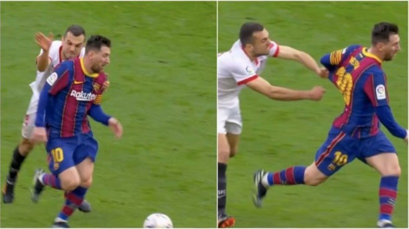 Messi biến Jordan hoá "gã hề" với 2 pha kéo áo lộ liễu.