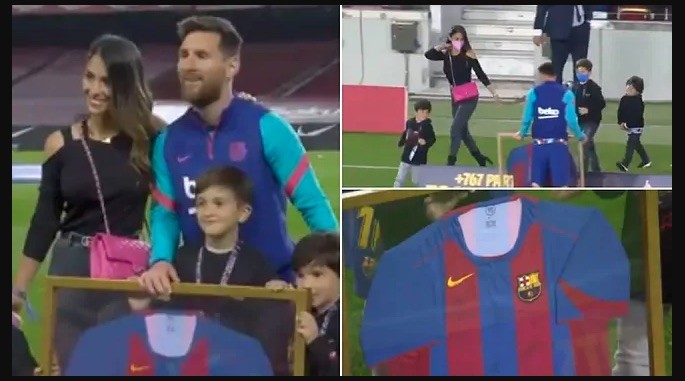 Vợ và 3 con bên cạnh Messi trong buổi lễ vinh danh rạng sáng 6/4.