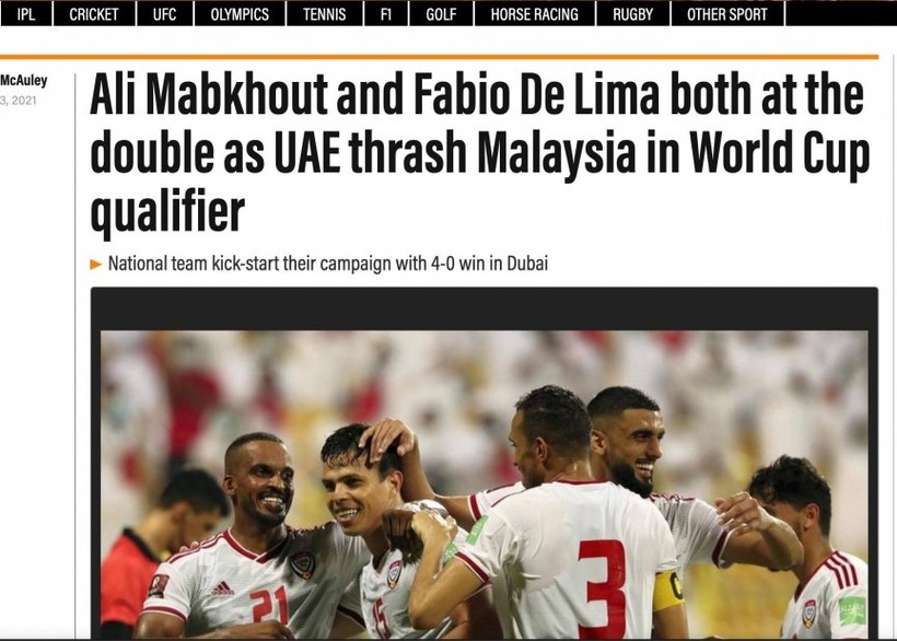 Truyền thông UAE "kiêu hãnh"  sau trận đội nhà thắng đậm Malaysia.