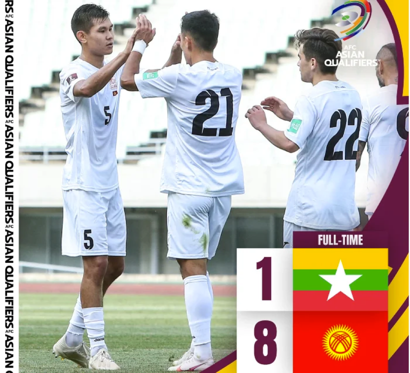 Dù dùng hậu vệ thay thủ môn nhưng Kyrgyzstan vẫn thắng Myanmar 8-1.