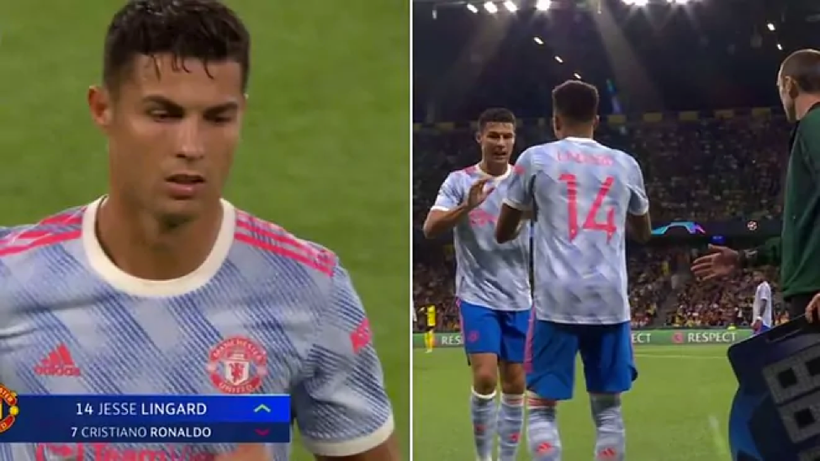 Ronaldo cau mày tỏ ý không hài lòng khi bị rút ra nghỉ giữa chừng.