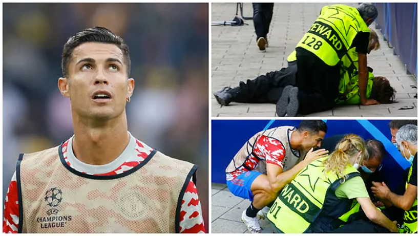 Ronaldo "hạ gục" một nhân viên an ninh trong trận khởi động của Man Utd.