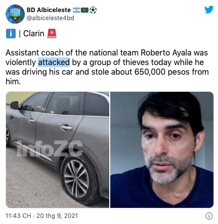 Thông tin về vụ cựu danh thủ Ayala bị cướp đang tràn ngập trên các phương tiện truyền thông Argentina.