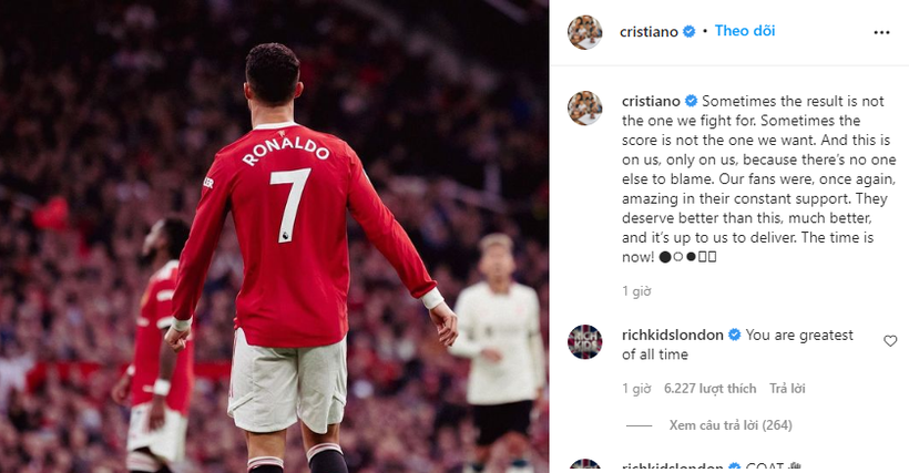 Ronaldo viết "tâm thư" gửi cổ động viên Man Utd sau trận thua thảm Liverpool