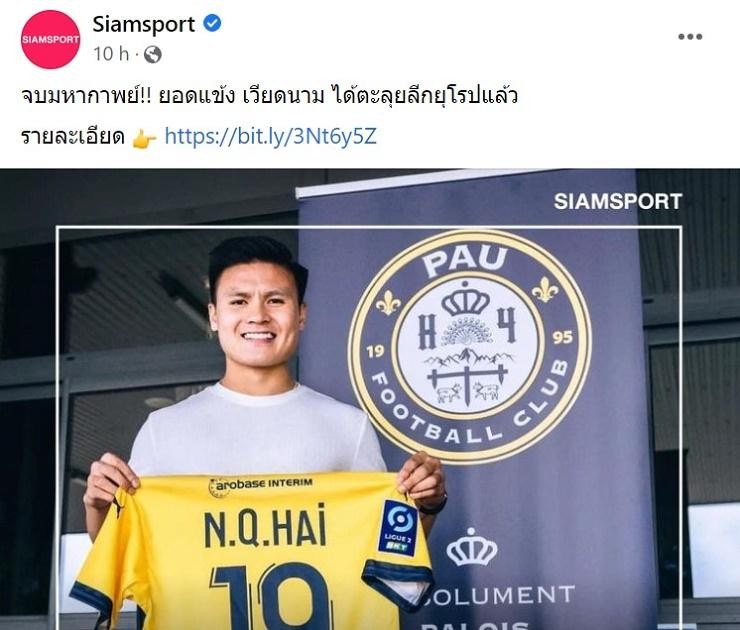 Cổ động viên Thái Lan bình luận sôi nổi khi Siam Sport đưa tin Quang Hải ra mắt Pau FC.