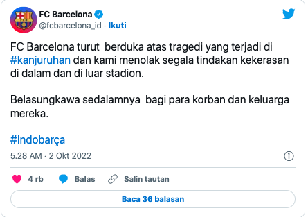 Barca chia buồn vụ giẫm đạp trên SVĐ Indonesia, giải Liga 1 hoãn vô thời hạn 