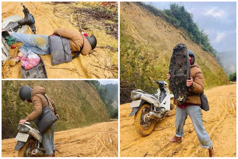 Hình ảnh cô giáo vùng cao ở Quảng Bình bị ngã sõng soài trên đường bùn đất khi vào bản dạy học. (Ảnh: CTV)