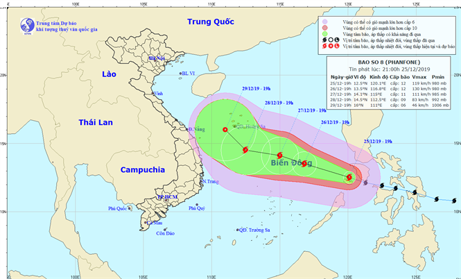 Vị trí tâm bão PHANFONE cách đảo Song Tử Tây khoảng 620km về phía Đông Đông Bắc