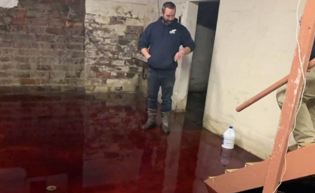 Nick Lestina xuống tầng hầm lấy máy khoan và phát hiện sàn nhà ngập trong máu (Ảnh: WHO-HD TV).