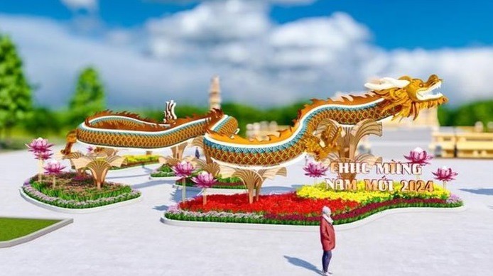 Linh vật rồng dài 30m được lấy hình tượng từ rồng triều Nguyễn tại Huế sẽ được đặt tại công viên Bia Quốc Học Huế trong dịp Tết Giáp Thìn 2024. (Ảnh: Trung tâm Công viên cây xanh Huế)