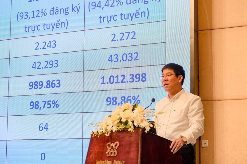 Ông Huỳnh Văn Chương - Cục trưởng Cục Quản lý chất lượng (Bộ GD&ĐT) trình bày tham luận về việc tổ chức thi tốt nghiệp THPT năm 2024.