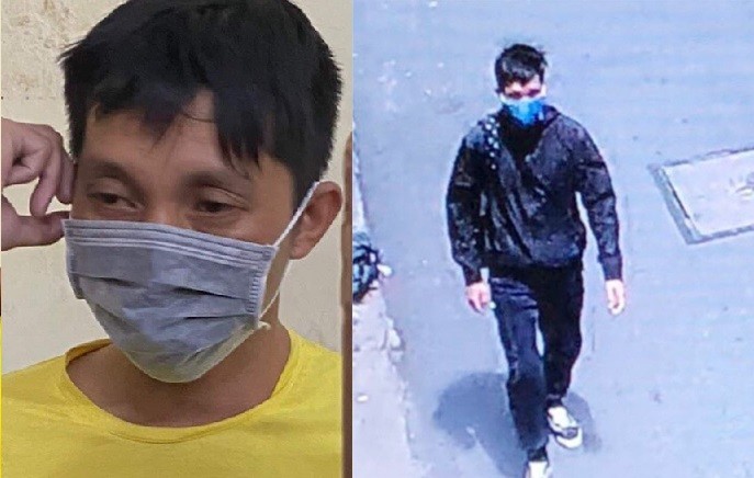 Đồng Xuân Quỳnh lúc bị bắt (ảnh trái) và khi chuẩn bị gây án được công an trích xuất camera (ảnh phải).