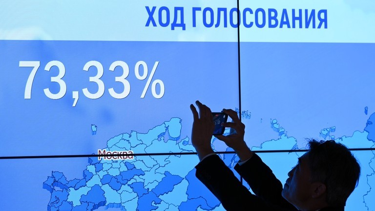 Các màn hình trong Trung tâm Thông tin của CEC với thông tin về quá trình bỏ phiếu trong cuộc bầu cử tổng thống Liên bang Nga
