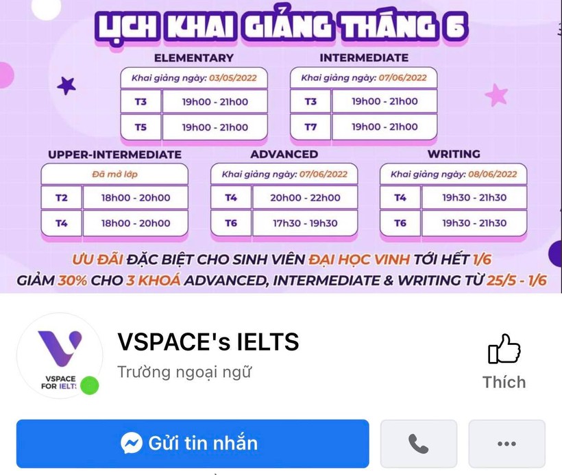 Trung tâm VSPACE’S IELTS (đăng ký trụ sở tại TP Vinh, Nghệ An) tuyển sinh và đào tạo trong lĩnh vực tư vấn du học, dạy ngoại ngữ.