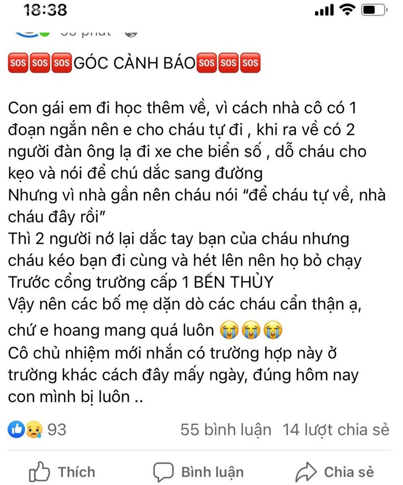 Nhiều tài khoản mạng xã hội tại TP Vinh, Nghệ An chia sẻ hiện tượng người lạ dụ dỗ, lôi kéo học sinh trước cổng trường. Ảnh: NVCC.