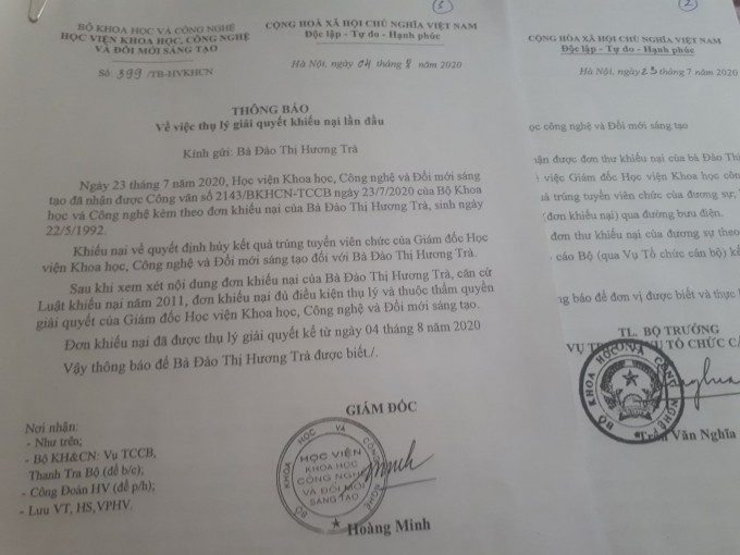 Các văn bản của Học viên KHCN&ĐMST khẳng định đã làm đúng quy định pháp luật trong vụ việc hủy quyết định tuyển dụng viên chức đối với bà  Đào Thị Hương Trà