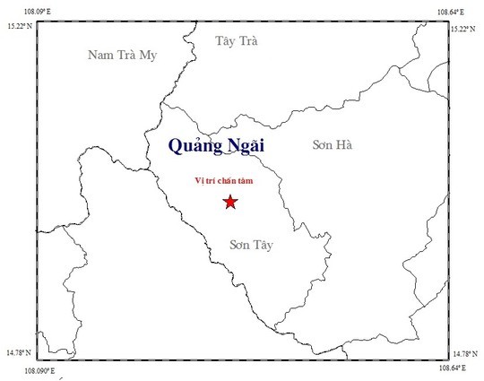 Vị trí chấn tâm trận động đất xảy ra đêm 18-7 tại huyện sơn Tây, tỉnh Quảng Ngãi. Ảnh: Viện Vật lý địa cầu