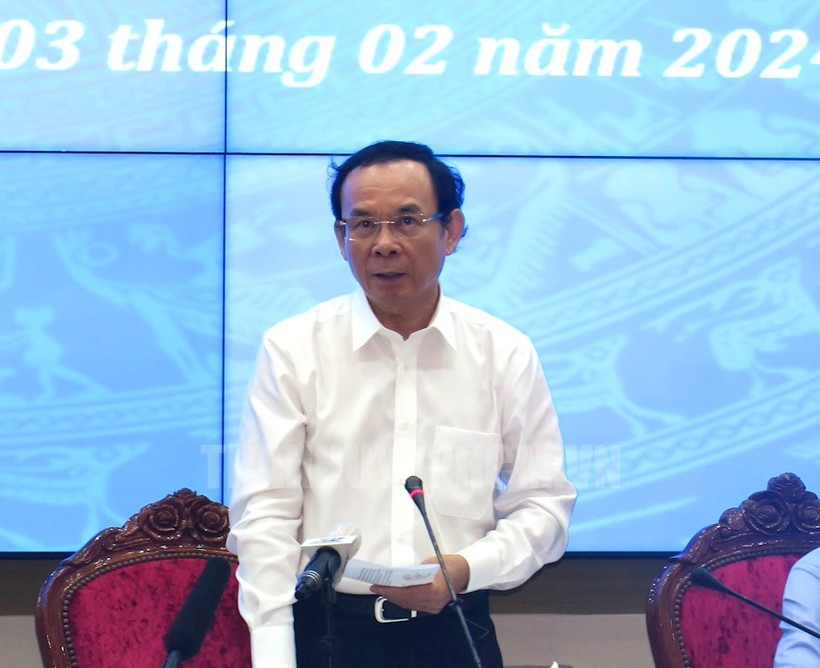 Bí thư Thành ủy TPHCM Nguyễn Văn Nên phát biểu tại phiên họp. (Ảnh: Thành ủy TPHCM)