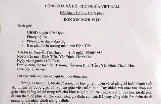 Đơn xin ra khỏi ngành của cô giáo Nguyễn Thị Thu.