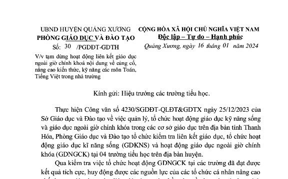 Công văn của Phòng GD&ĐT huyện Quảng Xương (Thanh Hóa). Ảnh: TL