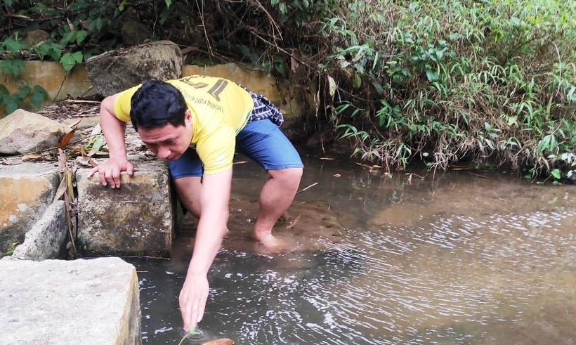 Thầy Nguyễn Văn Quý - Phó Hiệu trưởng Trường PTDTBT-THCS Mường Lý kiểm tra nguồn nước ở trong rừng. (Ảnh: Thế Lượng)