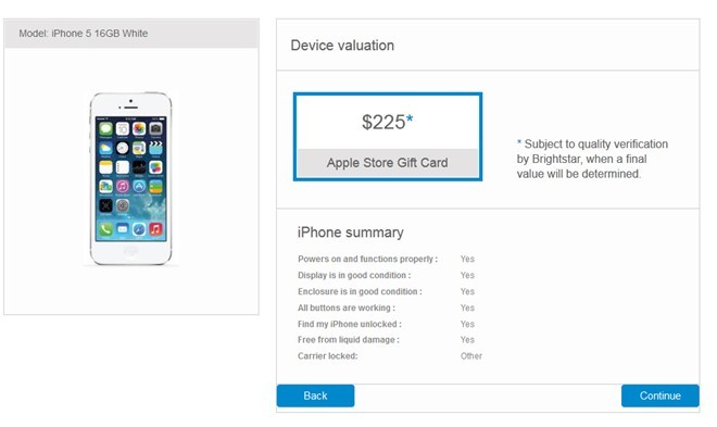 Trị giá của một chiếc iPhone 5 màu trắng, bản 16GB trên trang mua lại sản phẩm của Apple.