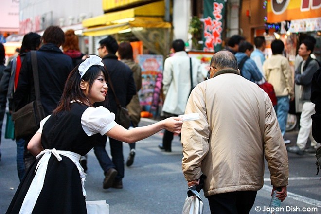 Một cô gái làm nghề phát tờ rơi trên đường phố Akihabara, Tokyo. Ảnh: Janpan Dish.com