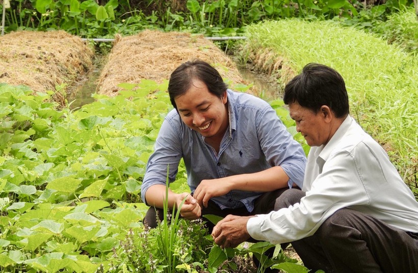 Anh Đạt (trái) đang chăm sóc, kiểm tra rau được trồng theo kiểu truyền thống.