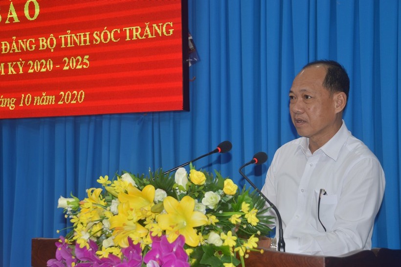 Ông Lâm Tấn Hòa, Trưởng Ban Tuyên giáo Tỉnh ủy Sóc Trăng phát biểu tại buổi họp báo.
