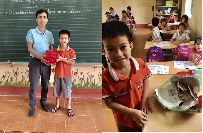 Em Phan Vũ Bình Minh, học sinh lớp 3B trường Tiểu học Động Đạt I, huyện Phú Lương (Thái Nguyên) mổ lợn tiết kiệm ủng hộ miền Trung.