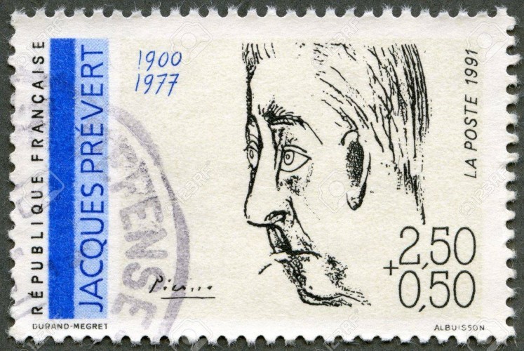 Chân dung Jacques Prévert do Pablo Picasso kí họa được in trên tem bưu chính Pháp phát hành năm 1991.