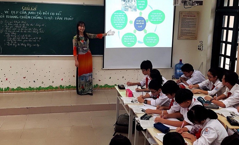 Cô và trò Trường THCS Lương Yên (Hai Bà Trưng – Hà Nội) trong tiết học chủ đề liên quan tới Bác Hồ. 	Ảnh: TG