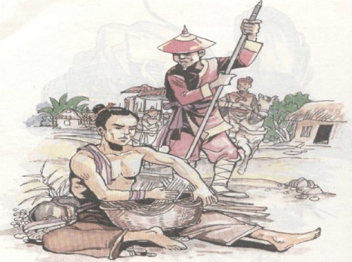 Hình ảnh minh họa lúc Phạm Ngũ Lão ngồi đan sọt và gặp đoàn quân của Hưng Đạo Đại vương.
