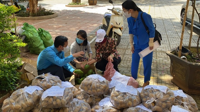 Ông Lưu Tiến Quang (ngoài cùng bên trái) trao đổi với giáo viên về cách phân loại rau, củ, quả trước khi chất lên xe chuyển vào phía Nam.