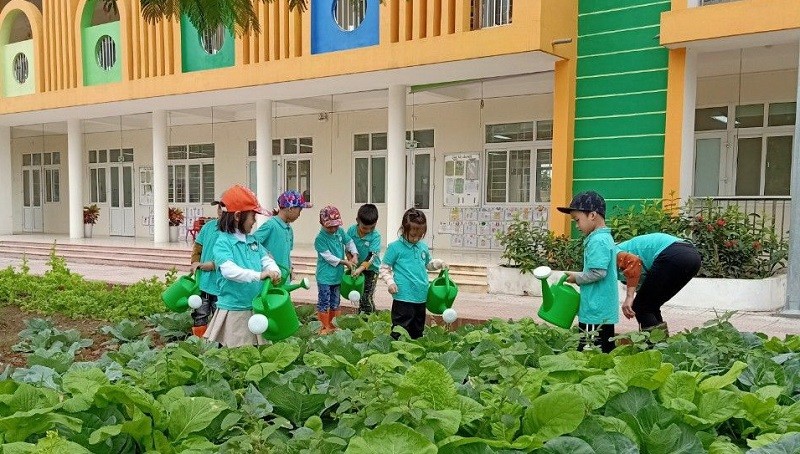 Học sinh Trường Mầm non Phùng Xá chăm sóc vườn rau.