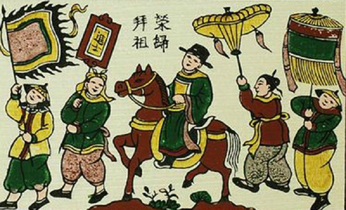 Lễ vinh quy bái tổ của Trạng nguyên thời phong kiến được thể thiện trên tranh dân gian. 