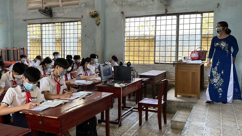 Học sinh lớp 9 Trường THCS Võ Thị Sáu (TP Sa Đéc, Đồng Tháp) yên tâm trở lại học trực tiếp. 
