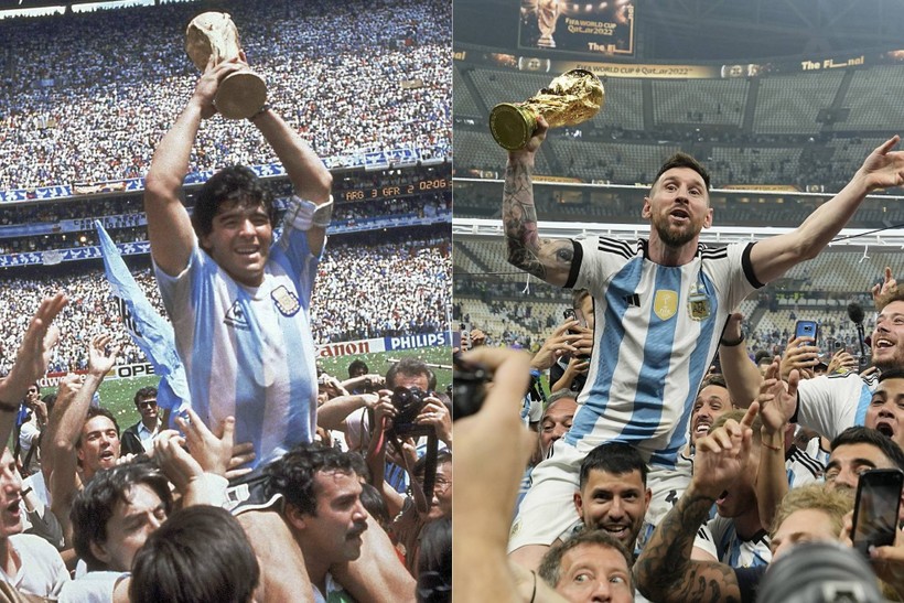 Hình ảnh Maradona 1986 và Messi 2022 được công kênh ăn mừng danh hiệu vô địch World Cup.