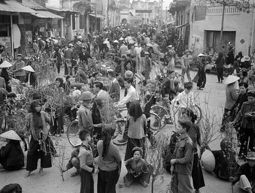 Chợ hoa Hàng Lược (Hà Nội) Tết Bính Thân 1956. Ảnh: TTXVN