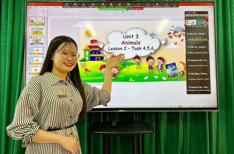 Cô Đỗ Dương Phương Thảo - Trường Tiểu học Lĩnh Nam (quận Hoàng Mai) dạy tiếng Anh cho học sinh huyện Phong Thổ, tỉnh Lai Châu. Ảnh: Lan Anh