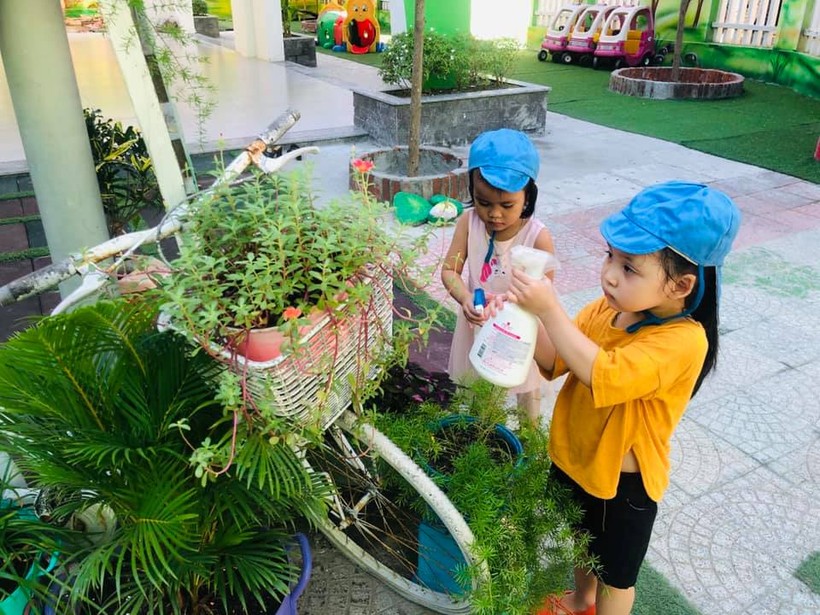 Học sinh Trường Mầm non Bình Minh chăm sóc cây xanh 