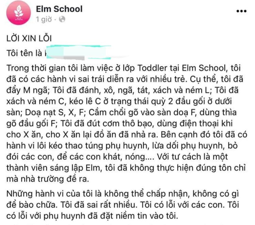 Thư xin lỗi của cô P.T.G. được đăng trên fanpage của nhóm lớp Elm School. 