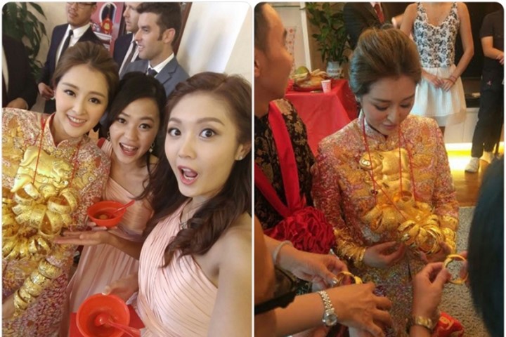 Hoa hậu Hong Kong đeo vàng trĩu cổ trong ngày cưới