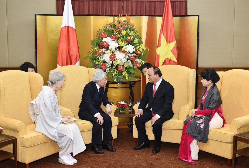 Thủ tướng Nguyễn Xuân Phúc và Phu nhân hội kiến với Nhà vua và Hoàng hậu Nhật Bản. Ảnh: VGP/Quang Hiếu