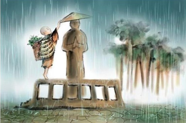 Một cậu bé trong thấy tượng Phật đứng ngoài mưa, đã đem nón của mình che cho tượng, một tấm lòng lương thiện như thế có thể không cảm động đất trời? Cậu bé ấy nhất định nhận được phúc báo.