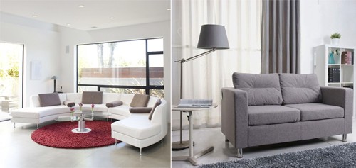 Sofa tròn (trái) thích hợp với phòng rộng còn sofa 2 chỗ ngồi phù hợp với phòng chật hẹp. Ảnh: Homemax.
