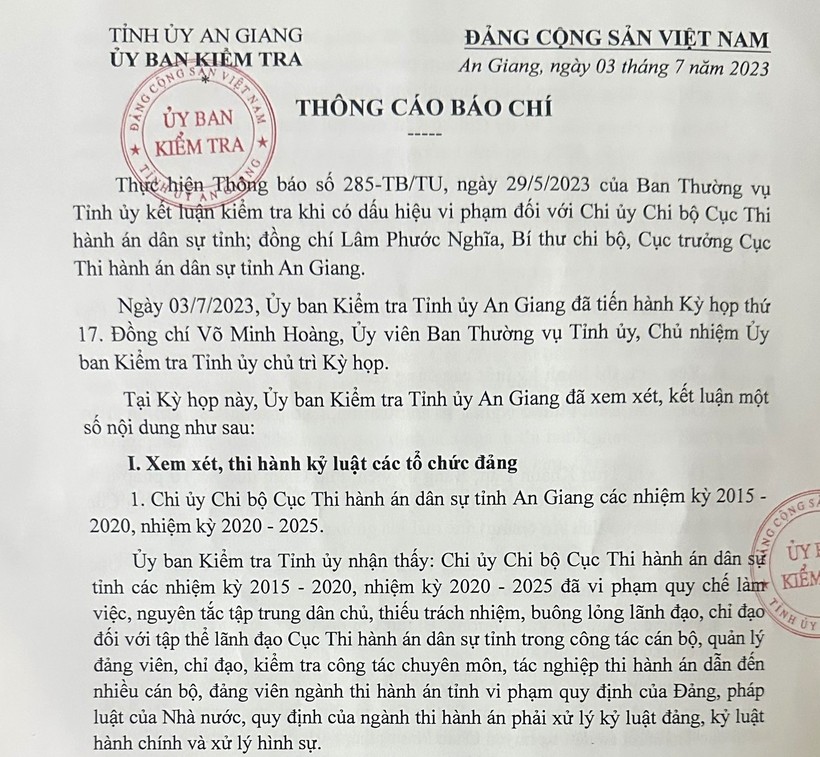 Thông cáo báo chí từ UBKT Tỉnh ủy An Giang.